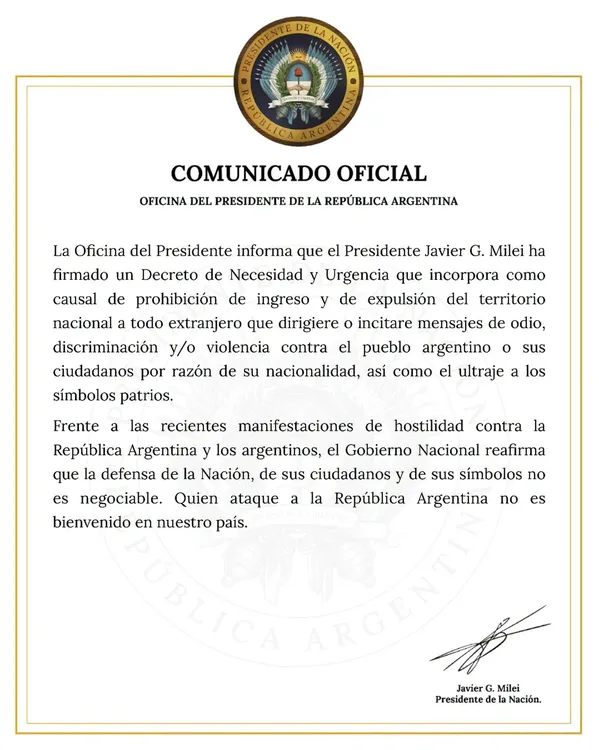 comunicado milei